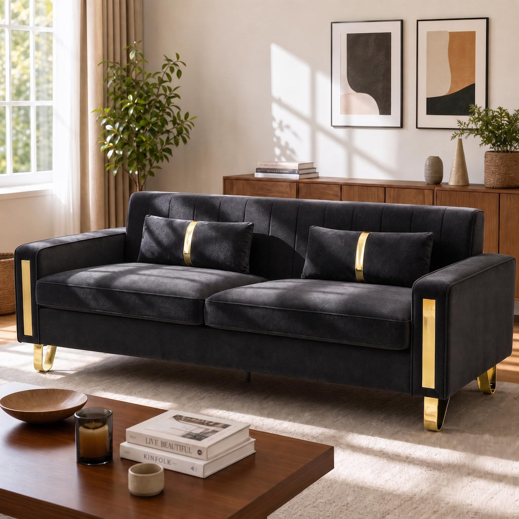 2-Piece Loveseat Couch Set, 86" Black 3-Seater Velvet Sofa Couch with 4 Pillows & Gold Metal Legs, Modern