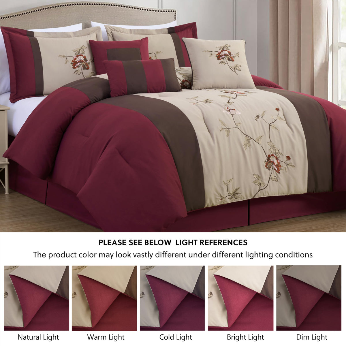Vienna 7-Piece Embroidered Floral Comforter Set (Burgundy Taupe Brown)