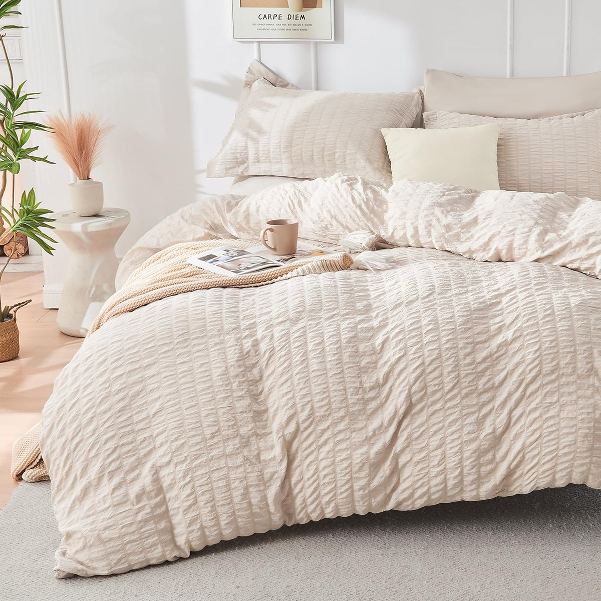 Comforter Set - 7PCS Bed in a Bag, Seersucker Bedding Set, Beige