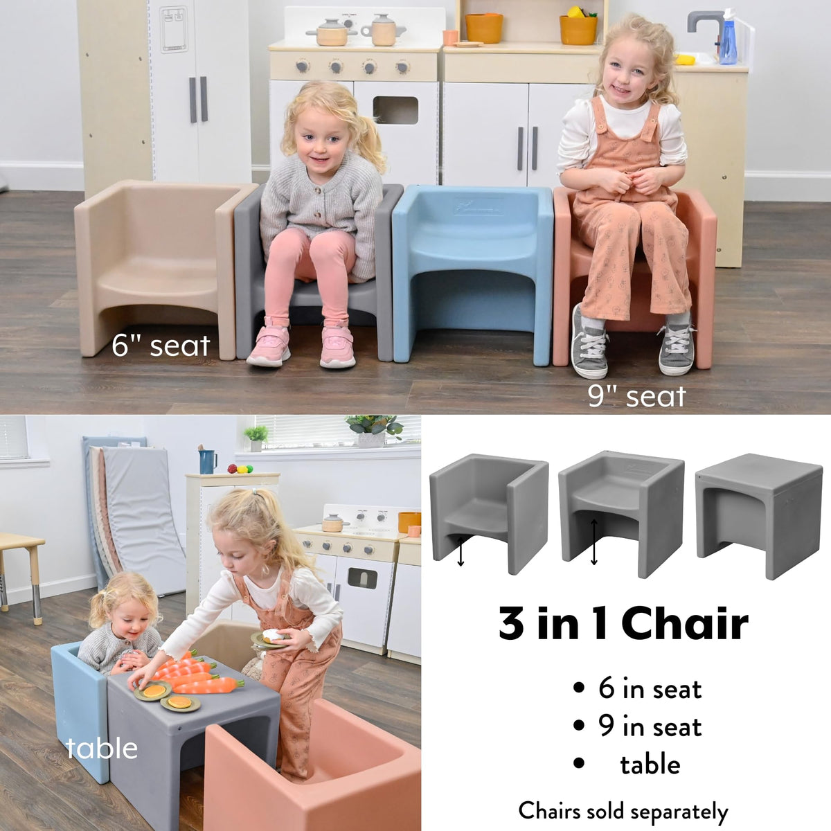3-in-1 Cube Chairs for Kids, Kids Chair, Gray, 1
