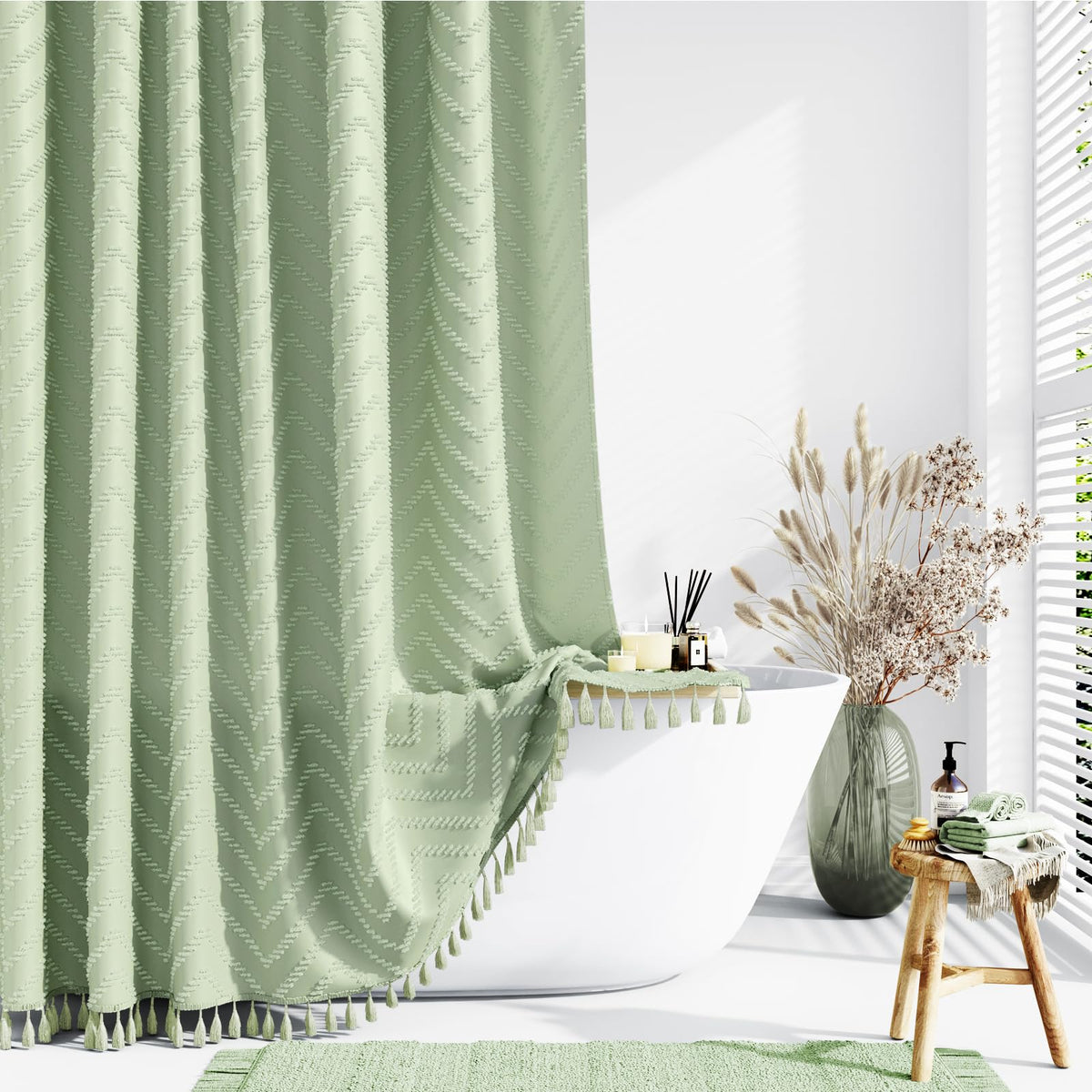 Boho Farmhouse Tufted Chevron 72"x66" Sage Green