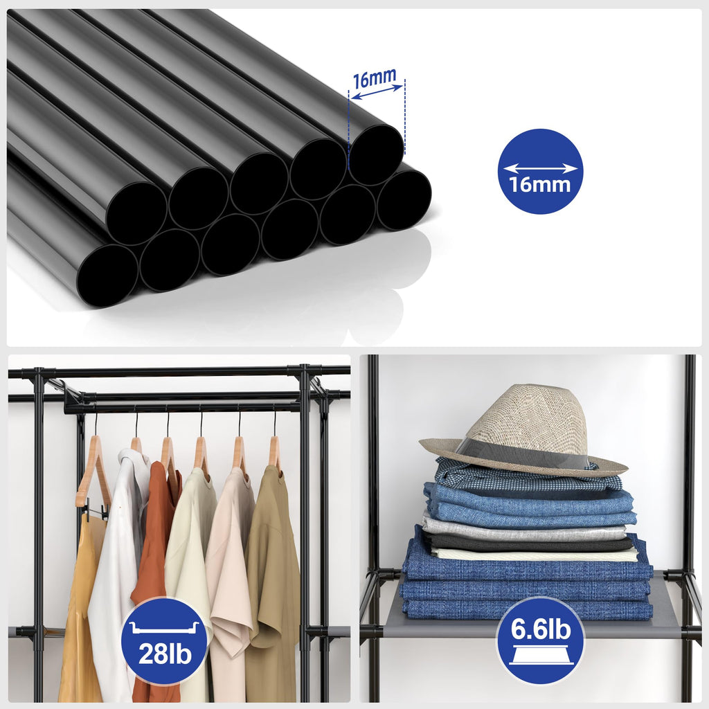 Portable Closet, Wardrobe Closet with 10 Storage Shelves and 2 Hanging Rods, Non-Woven Fabric Cover, 52.4 x 18.1 x