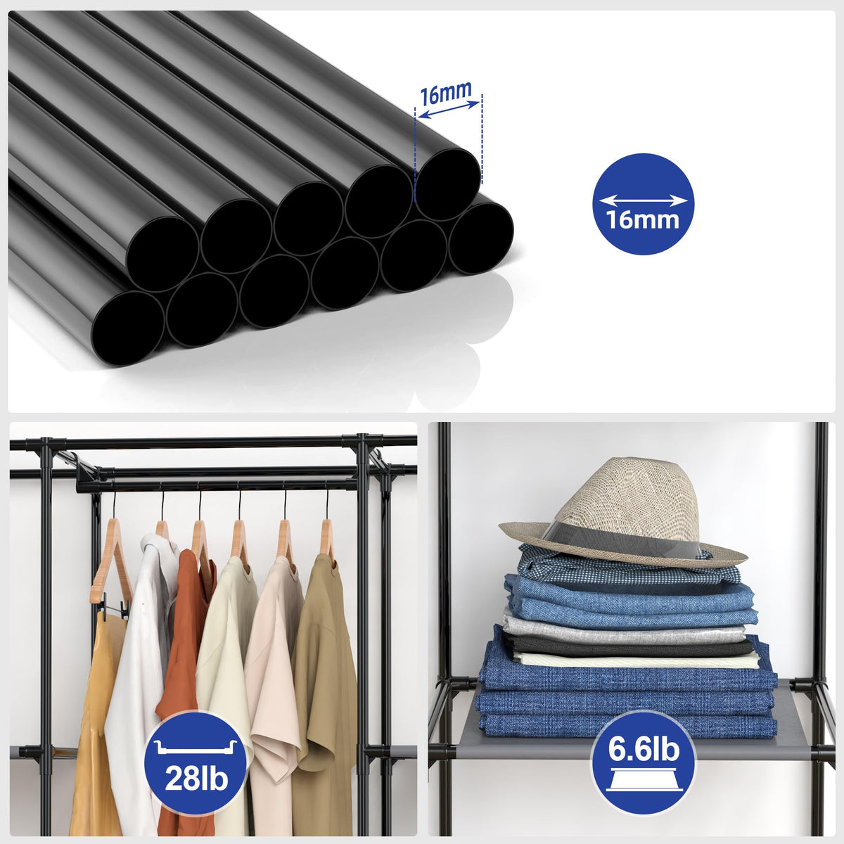 Portable Closet, Wardrobe Closet with 10 Storage Shelves and 2 Hanging Rods, Non-Woven Fabric Cover, 52.4 x 18.1 x