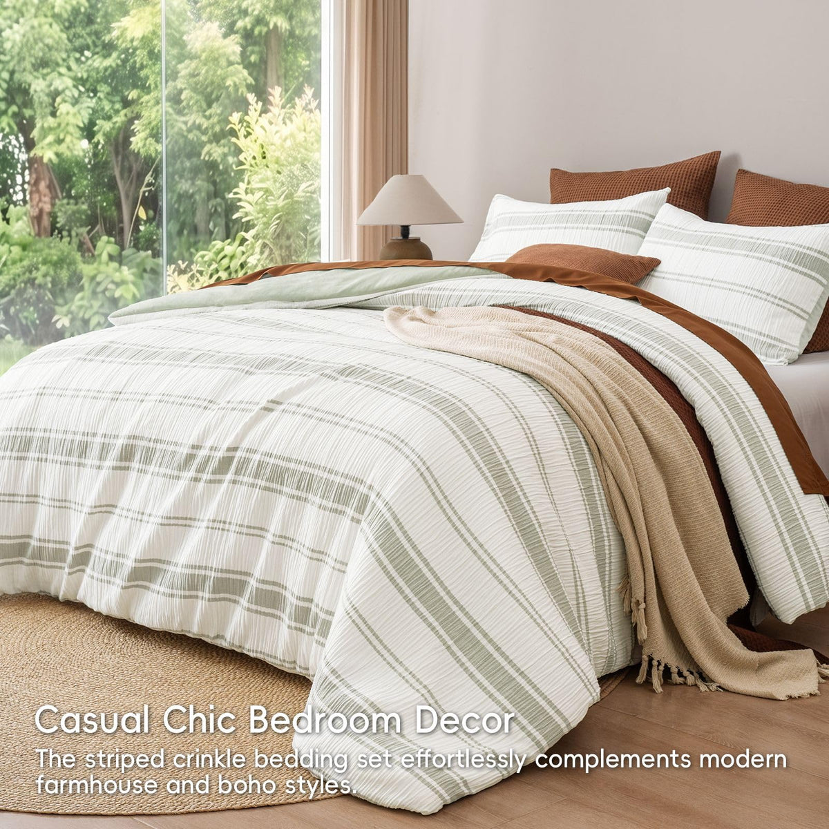 3-Piece Crinkle Comforter Set, Green Stripe, Soft & Breathable