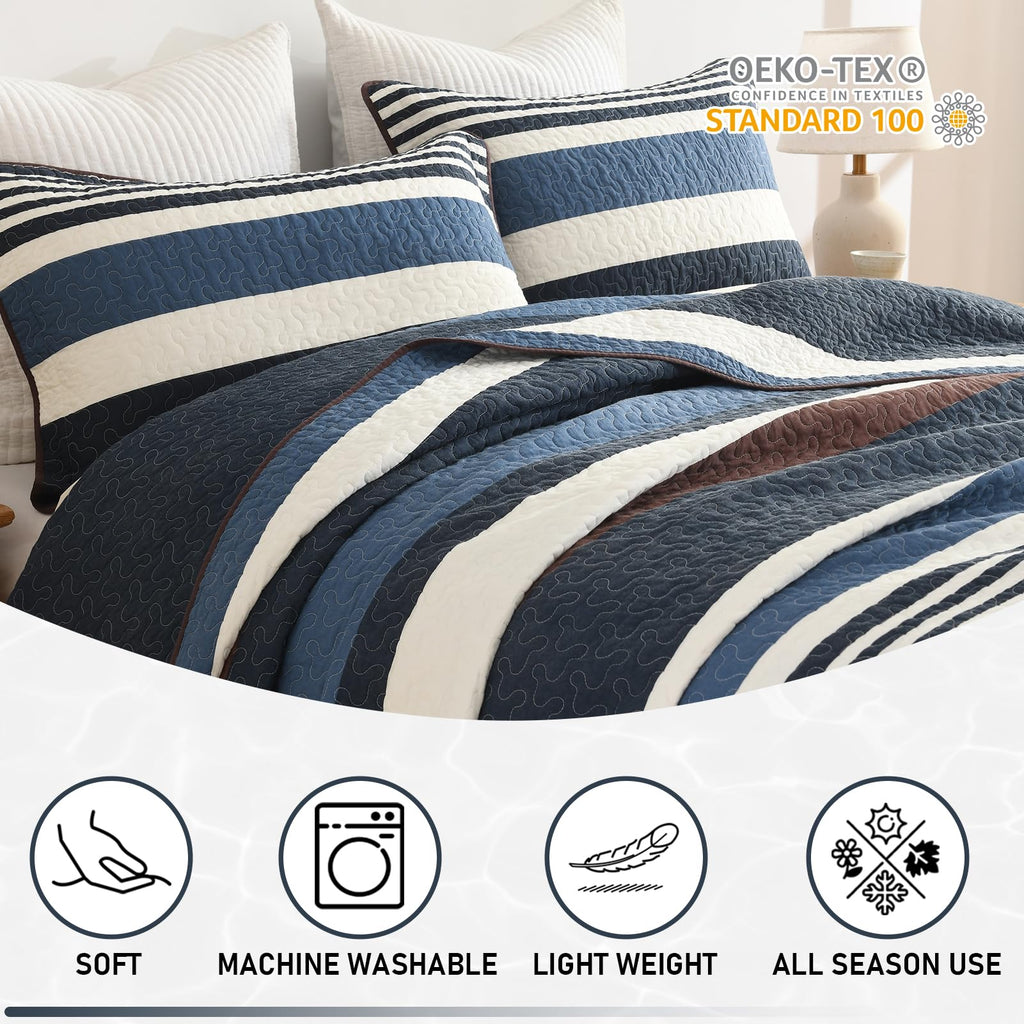 100% Cotton Quilt Set, Modern Stripe Pattern, Navy/Brown