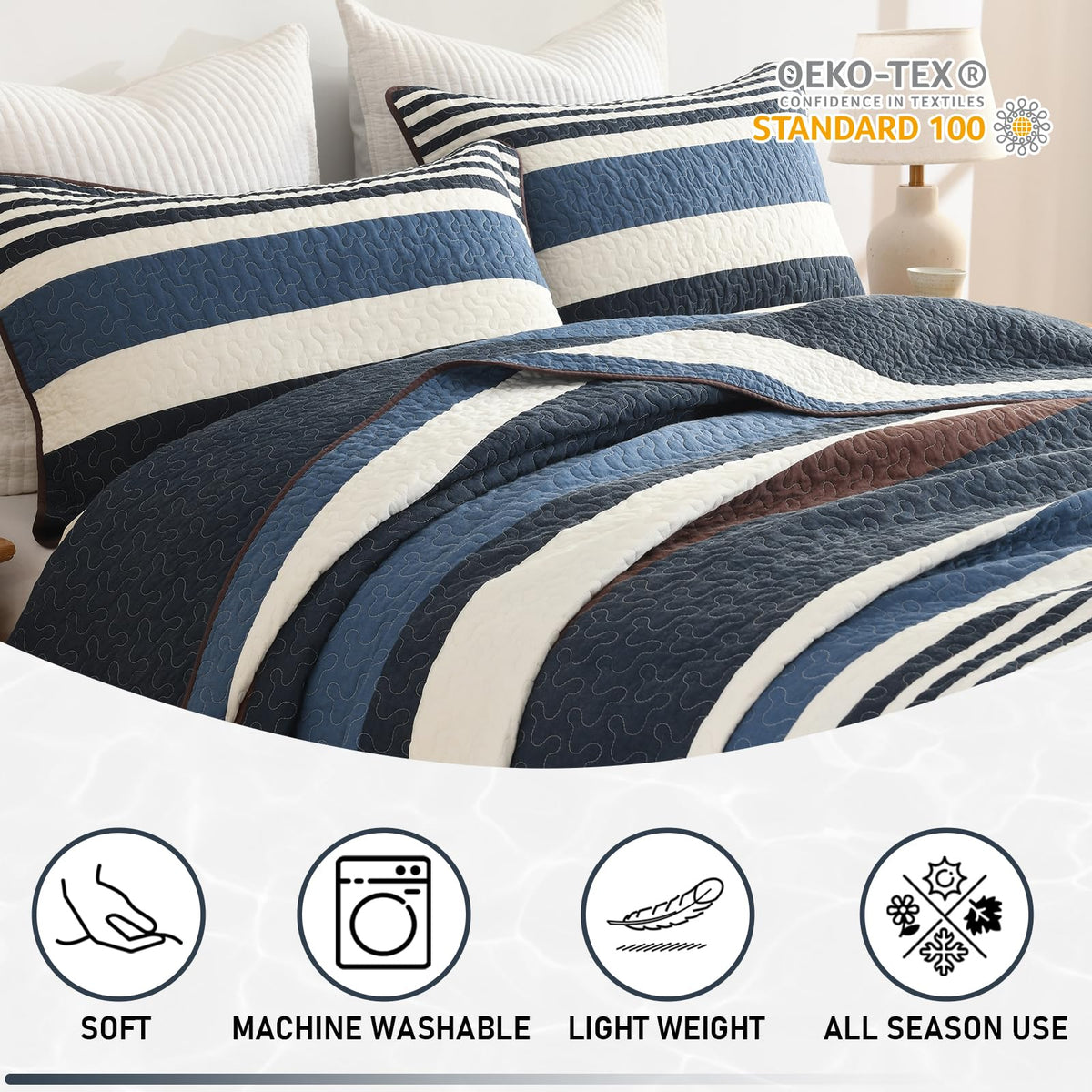 100% Cotton Quilt Set, Modern Stripe Pattern, Navy/Brown
