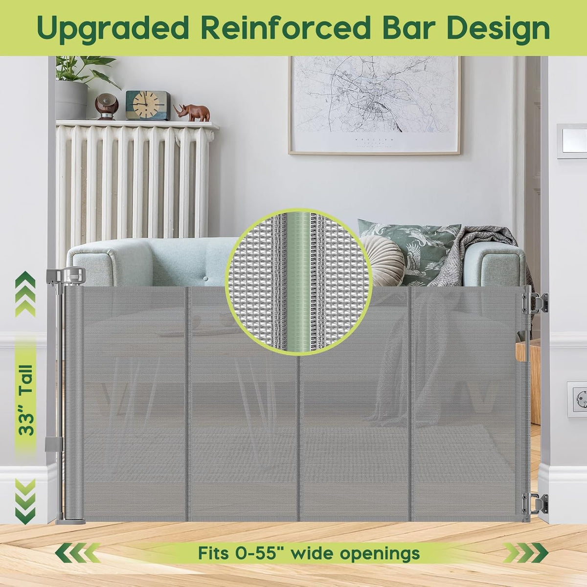 Reinforced 55" Wide Retractable Dog Gate with Support Rods, 33" Tall Retractable Baby Gate for Dogs, No Sag and