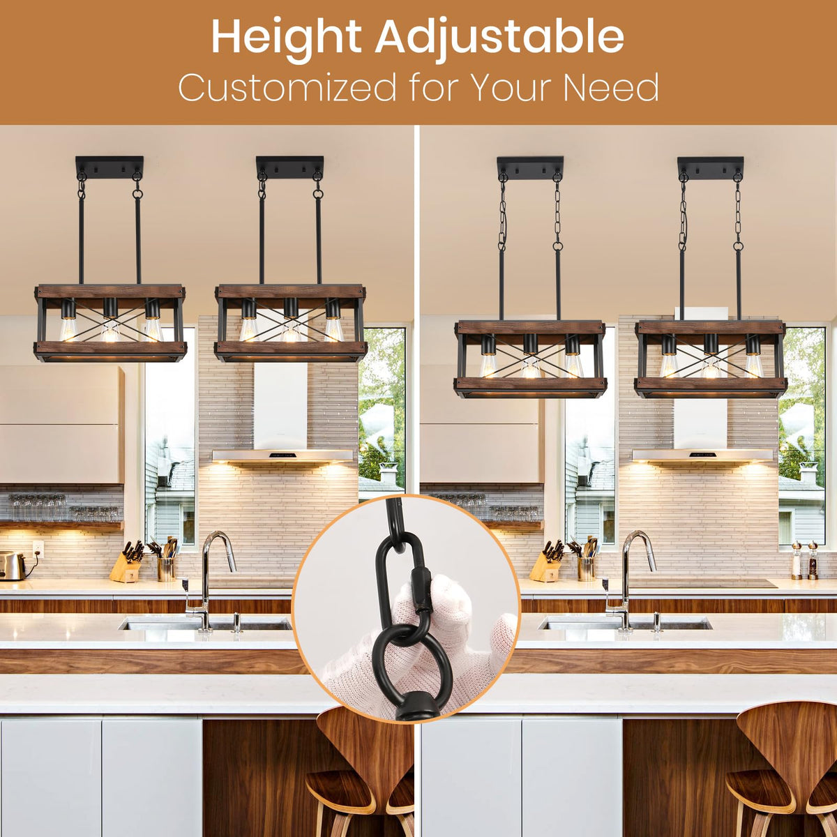 Genuine Wood Farmhouse Kitchen Island Light, 3-Light Rustic Pendant Chandelier with Adjustable Height, Metal Linear