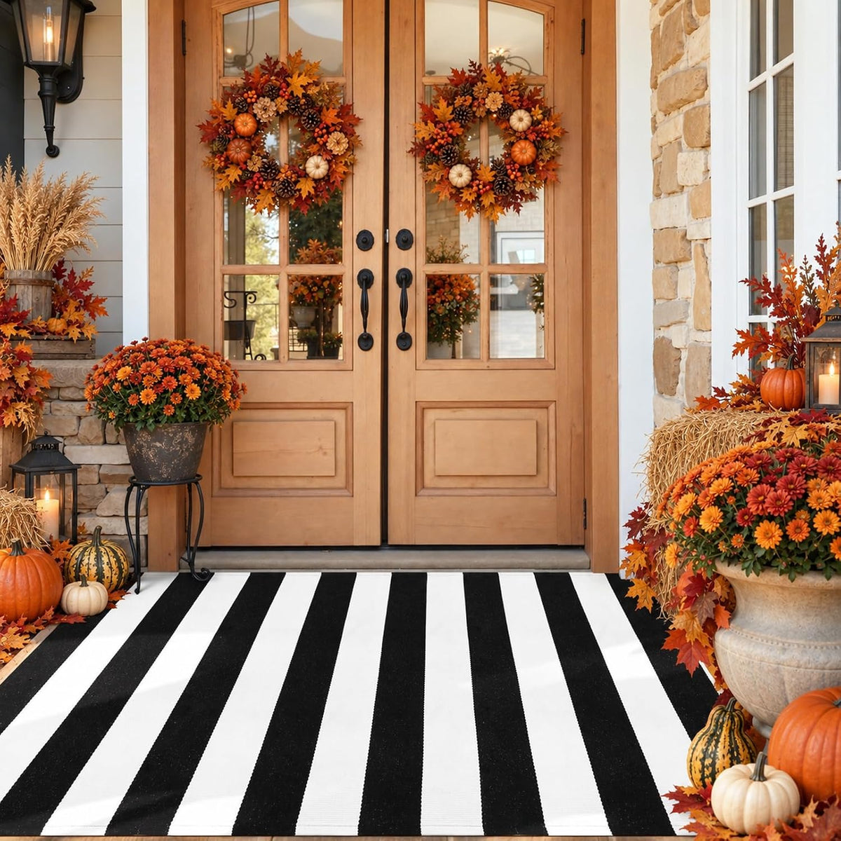 Black and White Buffalo Plaid Outdoor Rug Fall Patio Floor Carpet
