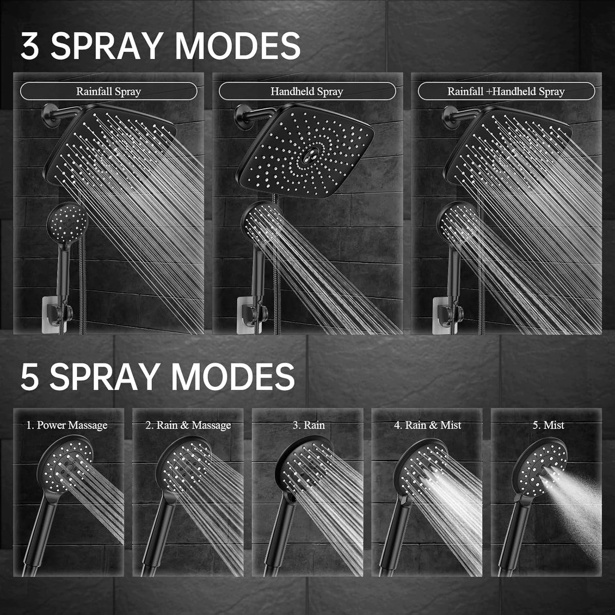 11.8 Inch Rain Shower Head with Handheld- High Pressure Dual Shower Heads with 5 Modes Handheld Spray Combo- Wide
