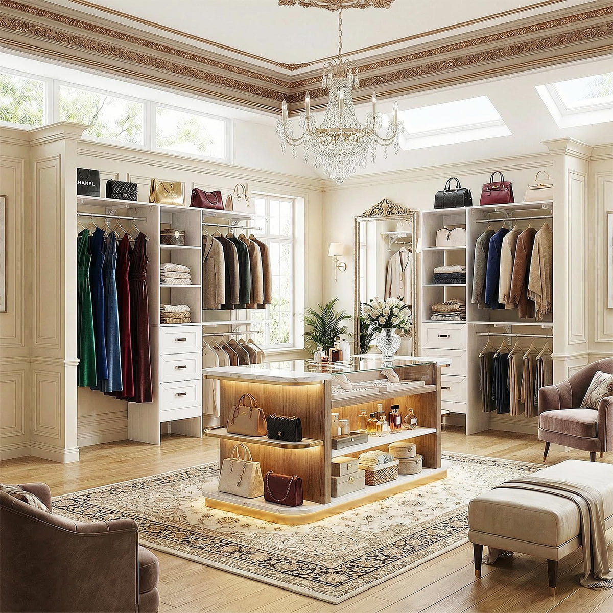 8FT Closet System with 3 Curved Drawers, 96'' Wooden Walk-in Closet Organizer with 3 Top Shelves, Adjustable