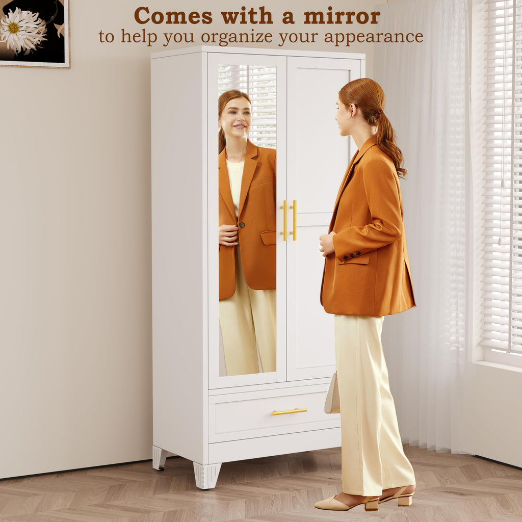 Metal Armoire Wardrobe Closet, 71" Bedroom Closet with Mirror White