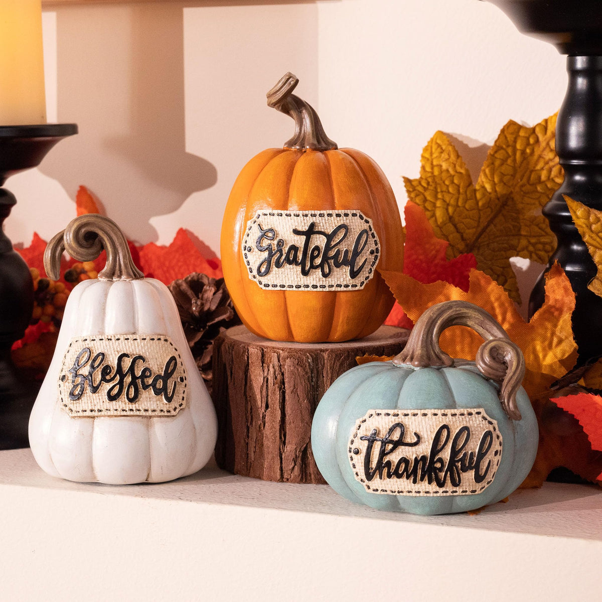 Pumpkins Fall Table Decor, Set of 3 Resin Decorative Pumpkins Figurines Decor Indoor Tabletop Centerpieces Harvest