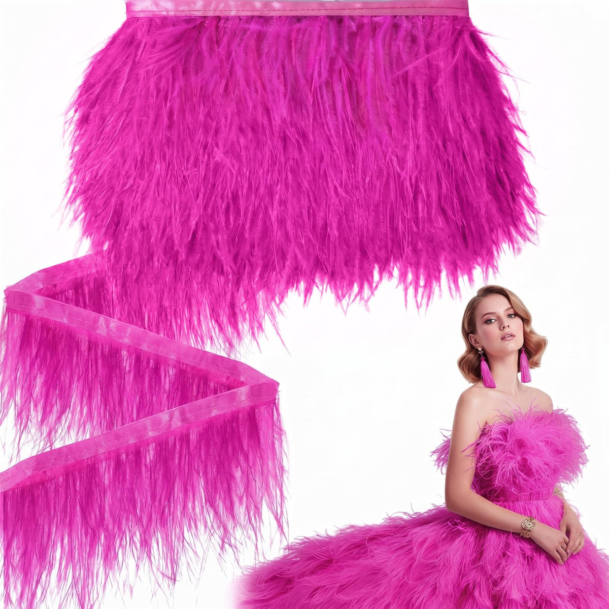 Ostrich Feathers Trims 3-4 Inch Feathers Fringe, Hot Pink - 10 Yards