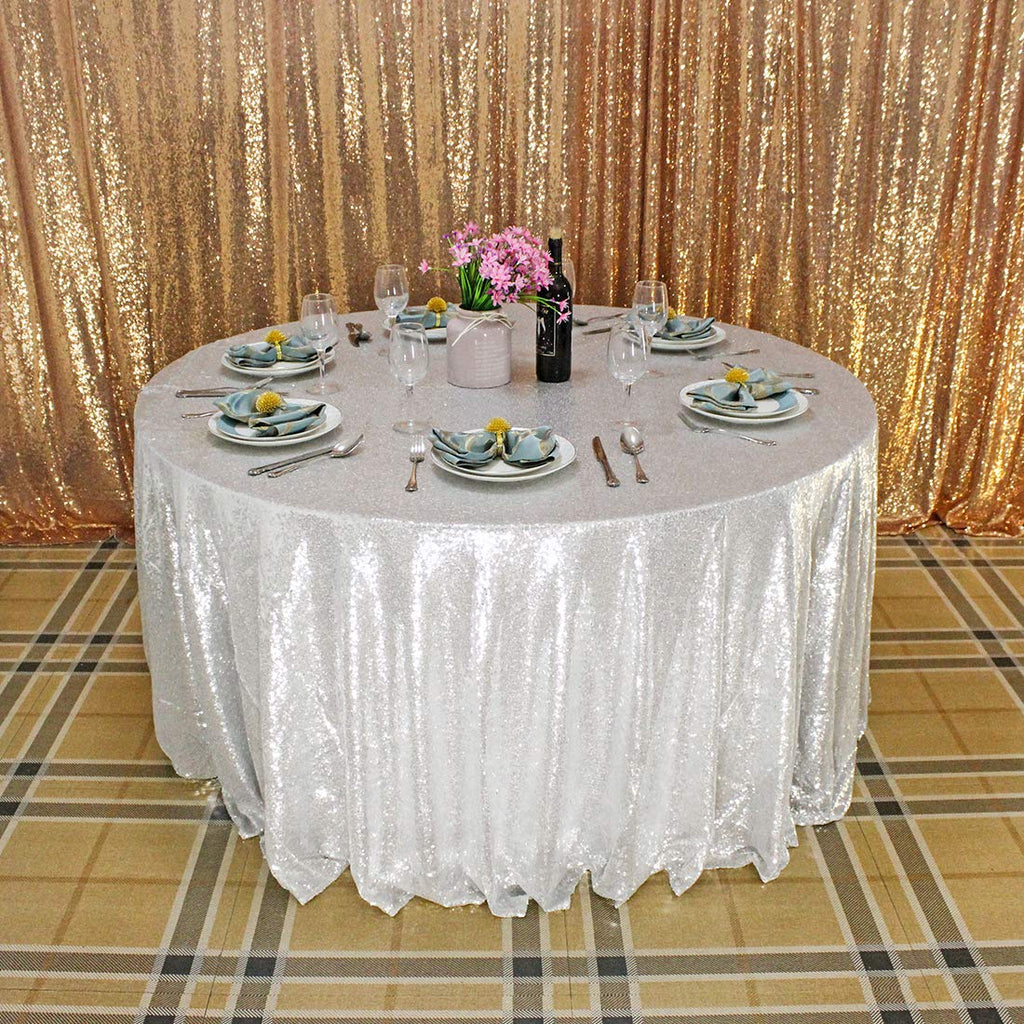 Silver Sequin Tablecloth, Glitter Party Table Cover 120 Inch Round