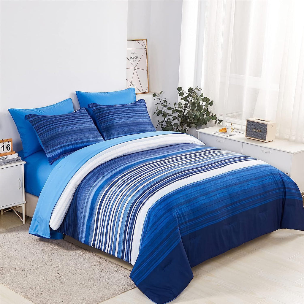 Striped Comforter Set, 5 Piece Bed in a Bag, Blue