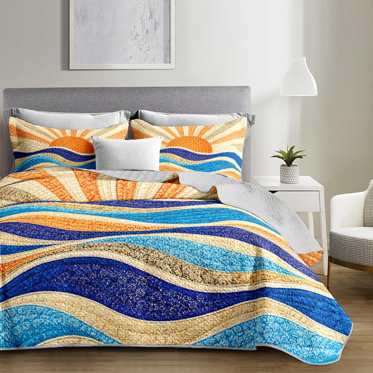 Retro Sun Ocean Wave Quilt Sets with 2 Pillowcases.