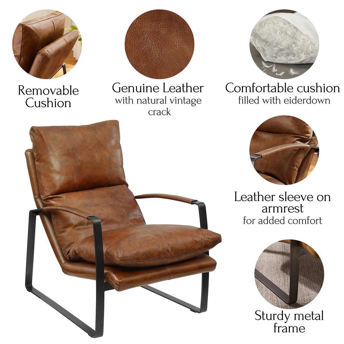 Genuine Leather Accent Chair, Mid Century Modern Living Room Chair Lounge Sofa Chair with Black Metal Frame, Cognac