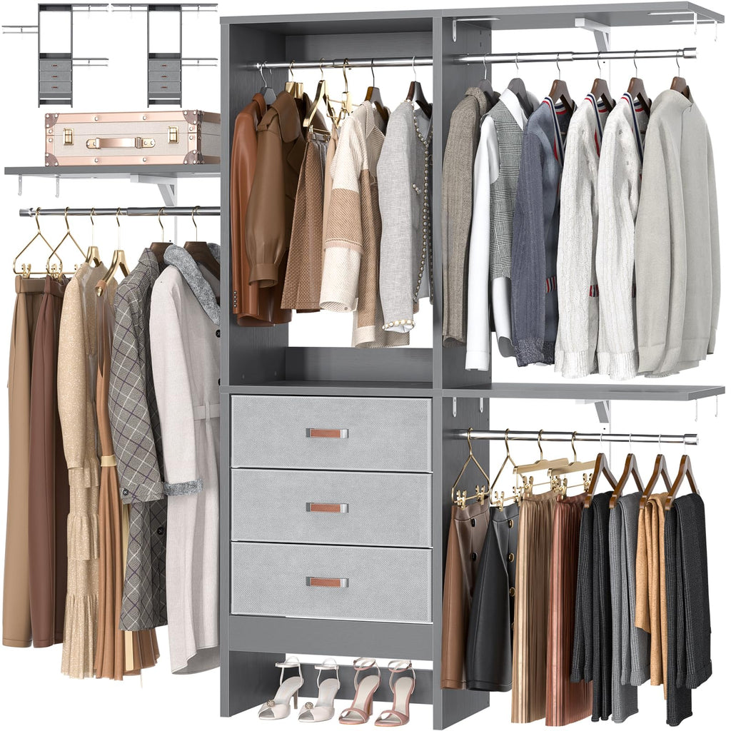 5FT Small Closet System with 3 Fabric Drawers, 60 Inches Walk In Closet Organizer System With 3 Adjustable Shelves
