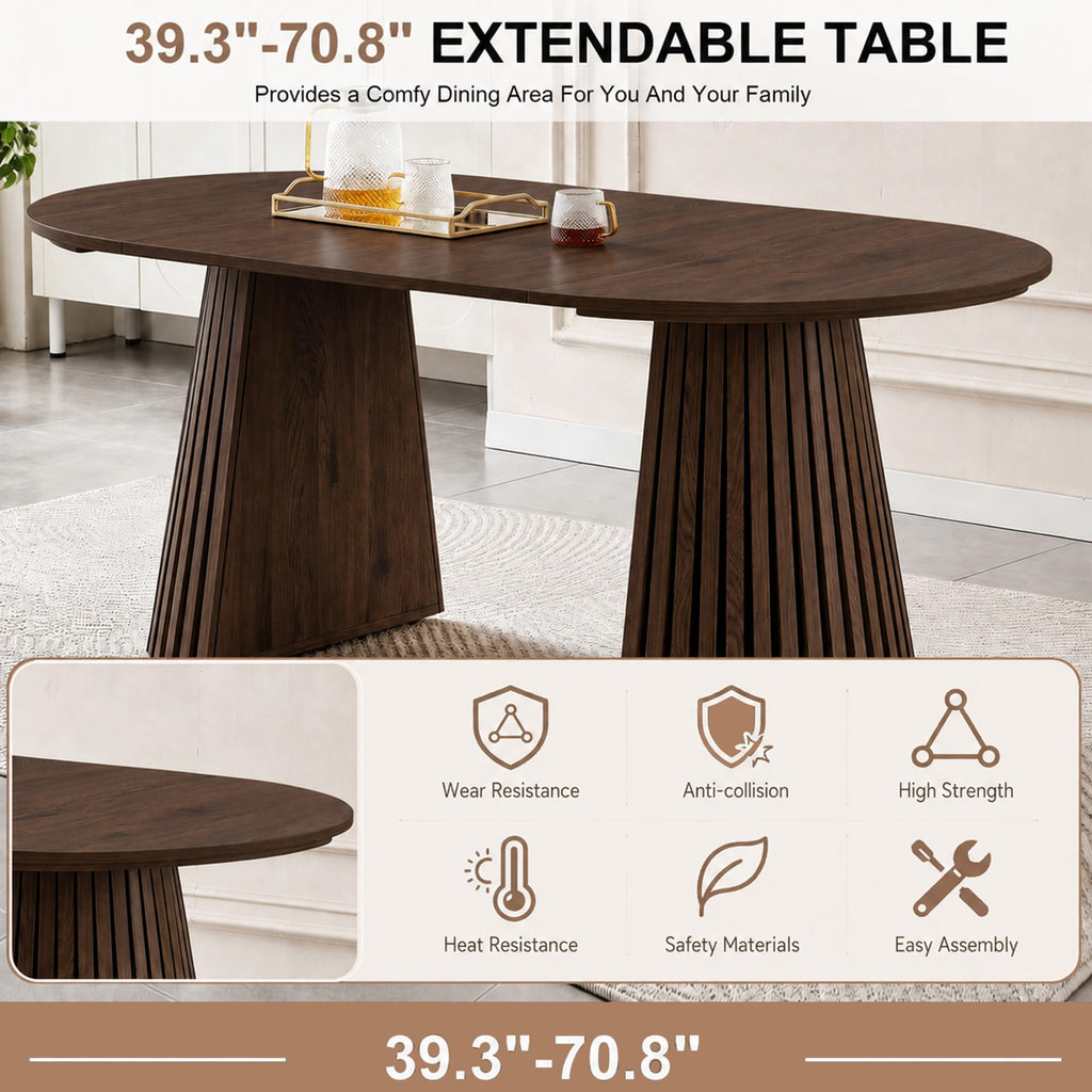 7-Piece Extendable Dining Table Set, 70" Walnut Table with 6 Black Chairs
