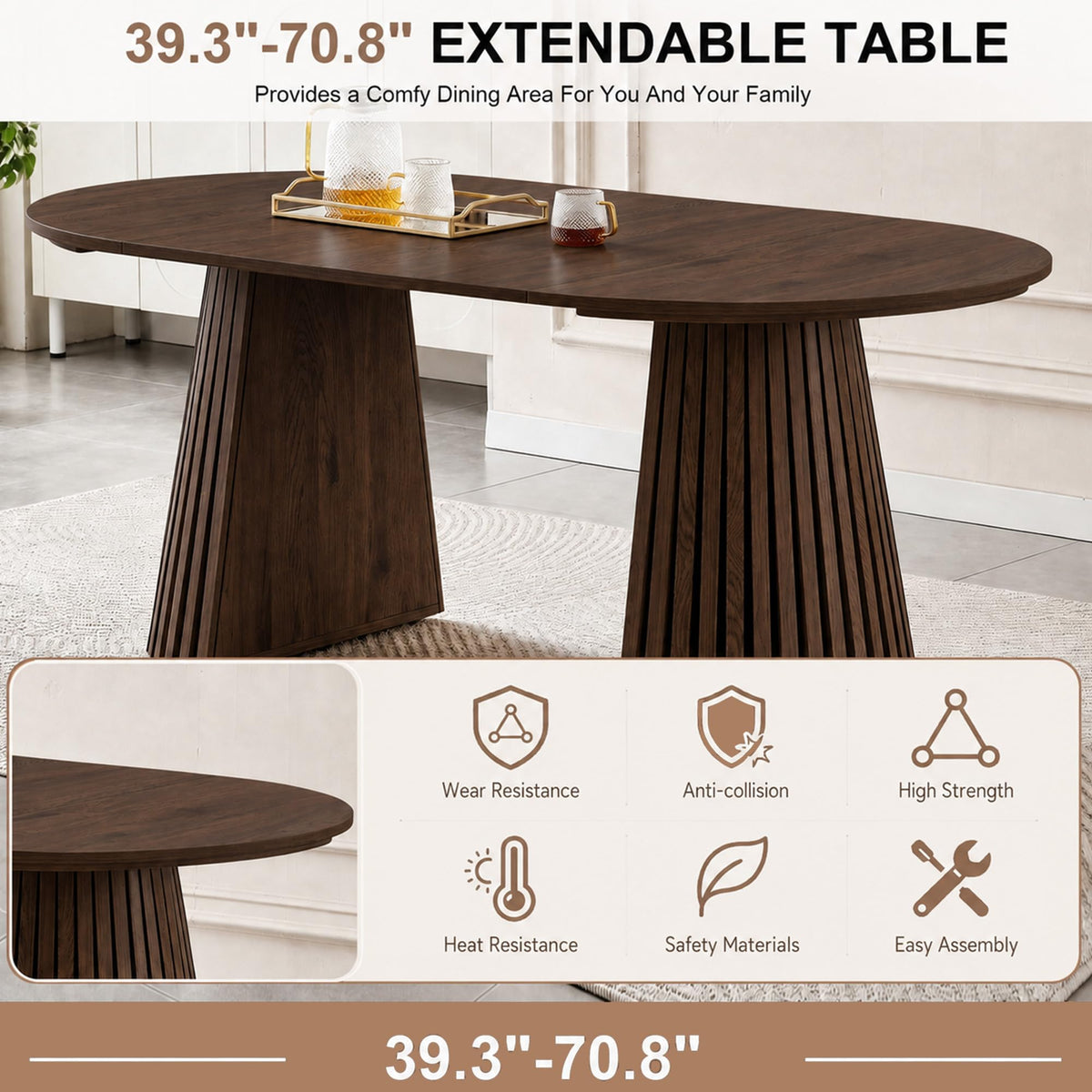 7-Piece Extendable Dining Table Set, 70" Walnut Table with 6 Black Chairs