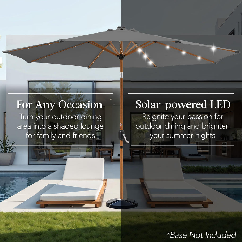 10ft Solar Market Patio Umbrella w/Woodgrain Pattern Pole, LED Lights, Tilt & Crank - Outdoor Sun Shade for Backyard