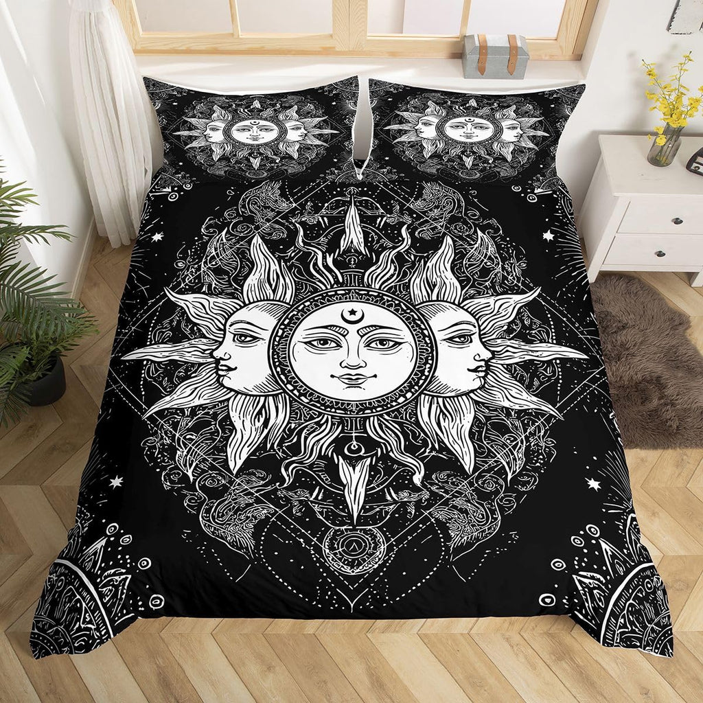 Bohemian Black and White Duvet Cover Full, Sun and Moon Bedding Set Boho Floral Paisley Comforter Cover, Tribe Exotic