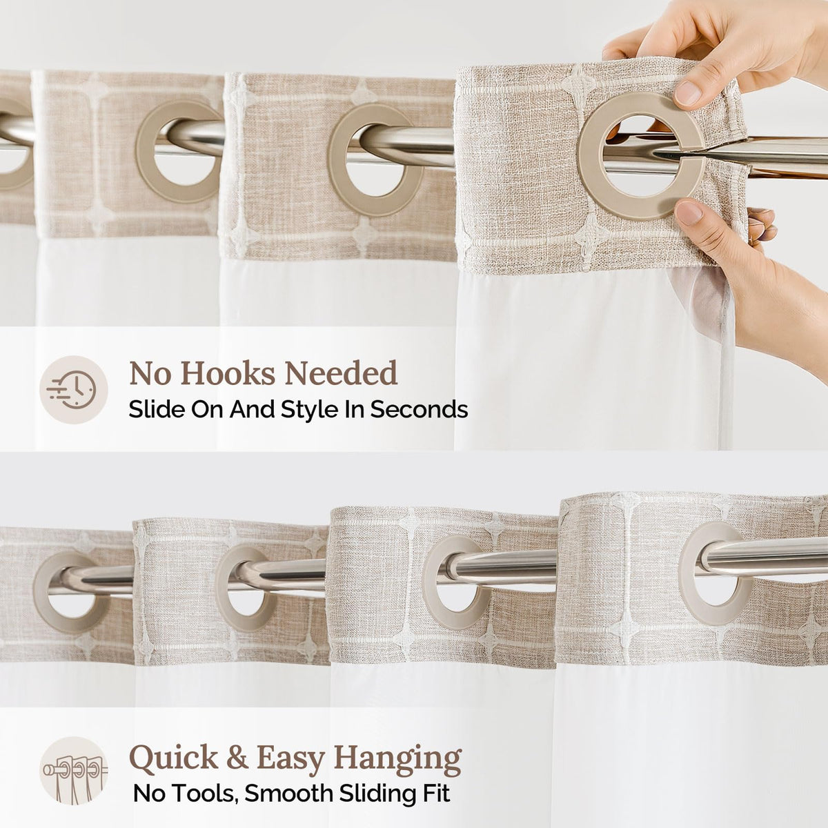 RiverDream Farmhouse No Hooks Shower Curtain with Snap-in Liner, Linen, 54x80