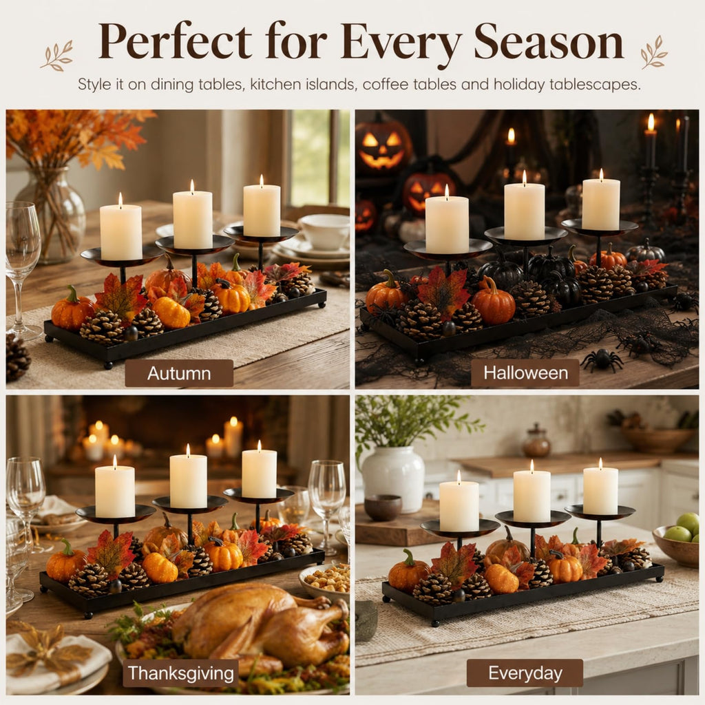 3 Pillar Candle Holders Centerpiece, Fall Dining Room Table Decor