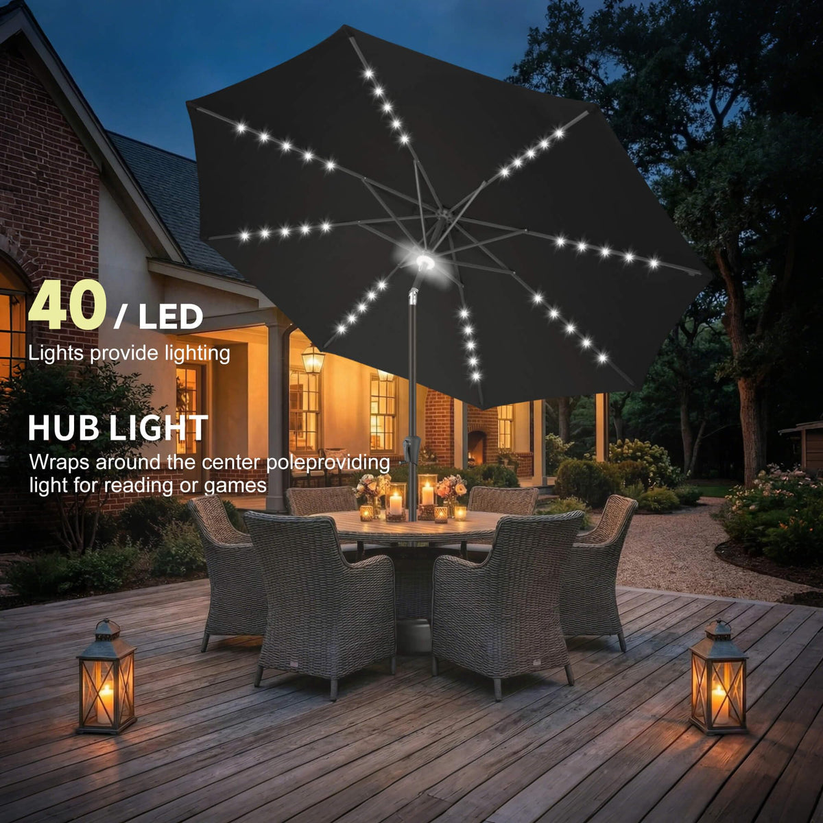 Solar Patio Umbrella with Centre Light, 10 ft Black