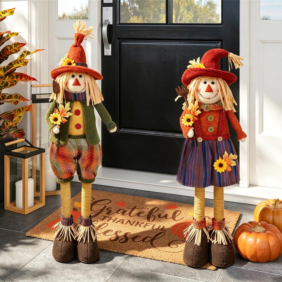 2 Pack Fall Decorations Large Scarecrows with Stretchable Legs, 28" Standing Scarecrow Thanksgiving Harvest Autumn