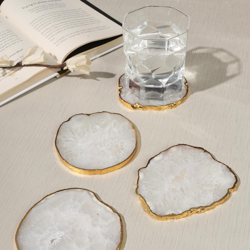 White Agate Stone Crystal Coasters with Gold Edge White Agate Coasters 3.5 to 4 inch Salted Agate Coaster - Set of 4