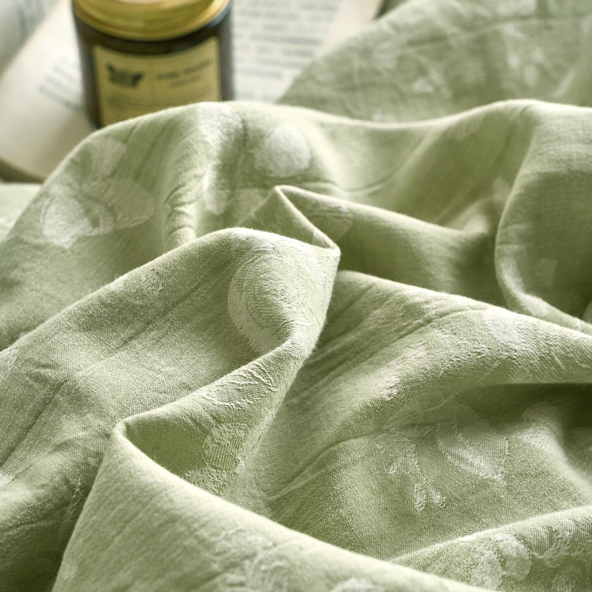 100% Washed Cotton Cover Set, Reversible Vintage Green Floral Butterfly Jacquard Textured Comforter Cover, Boho