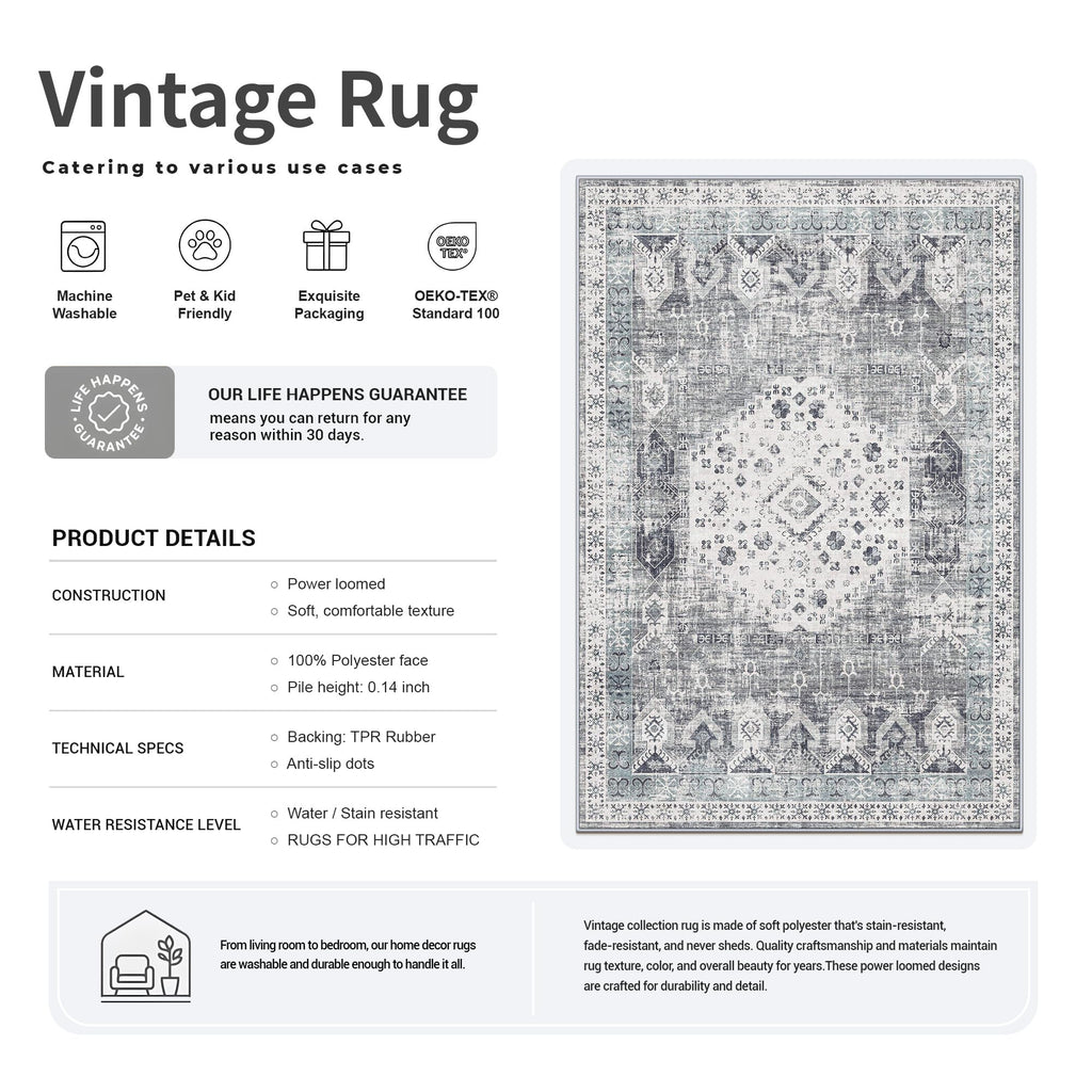 2'6x12 Hallway Runner Rug - Vintage Washable Kitchen Rugs with Non Slip Backing Soft Stain Resistant Carept Bedroom