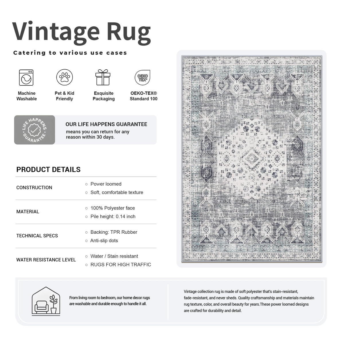 2'6x12 Hallway Runner Rug - Vintage Washable Kitchen Rugs with Non Slip Backing Soft Stain Resistant Carept Bedroom