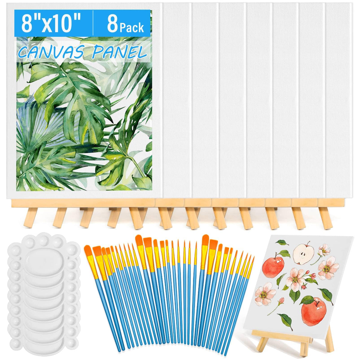54 Pack Canvas with Easel Set 8 x 10 Inch Canvas Boards with Wooden Easels, Paint Brushes Canvas Panel Painting Kit