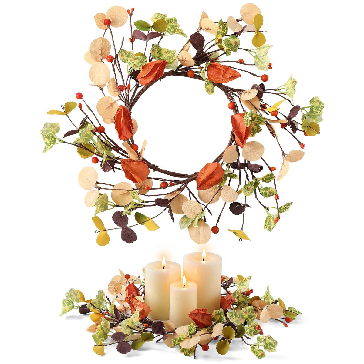 1 Pc Fall Candle Rings Wreath, 6.5'' Inner, Autumn Berry