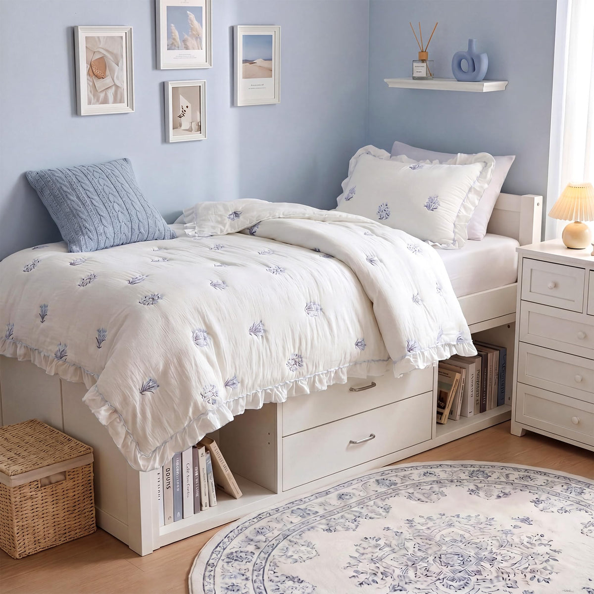 Floral Ruffle Ultra Soft Blue Quilt Set, 2pc