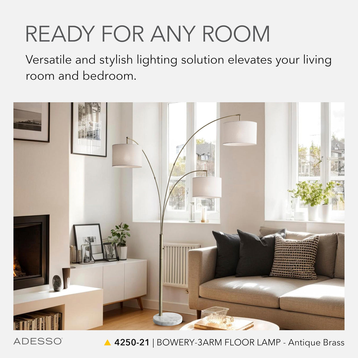 3-Arm Arc Floor Lamp with Marble Base and Off-White Linen Lampshade - 4-Way Adjustable Brightness, Bedroom, Home