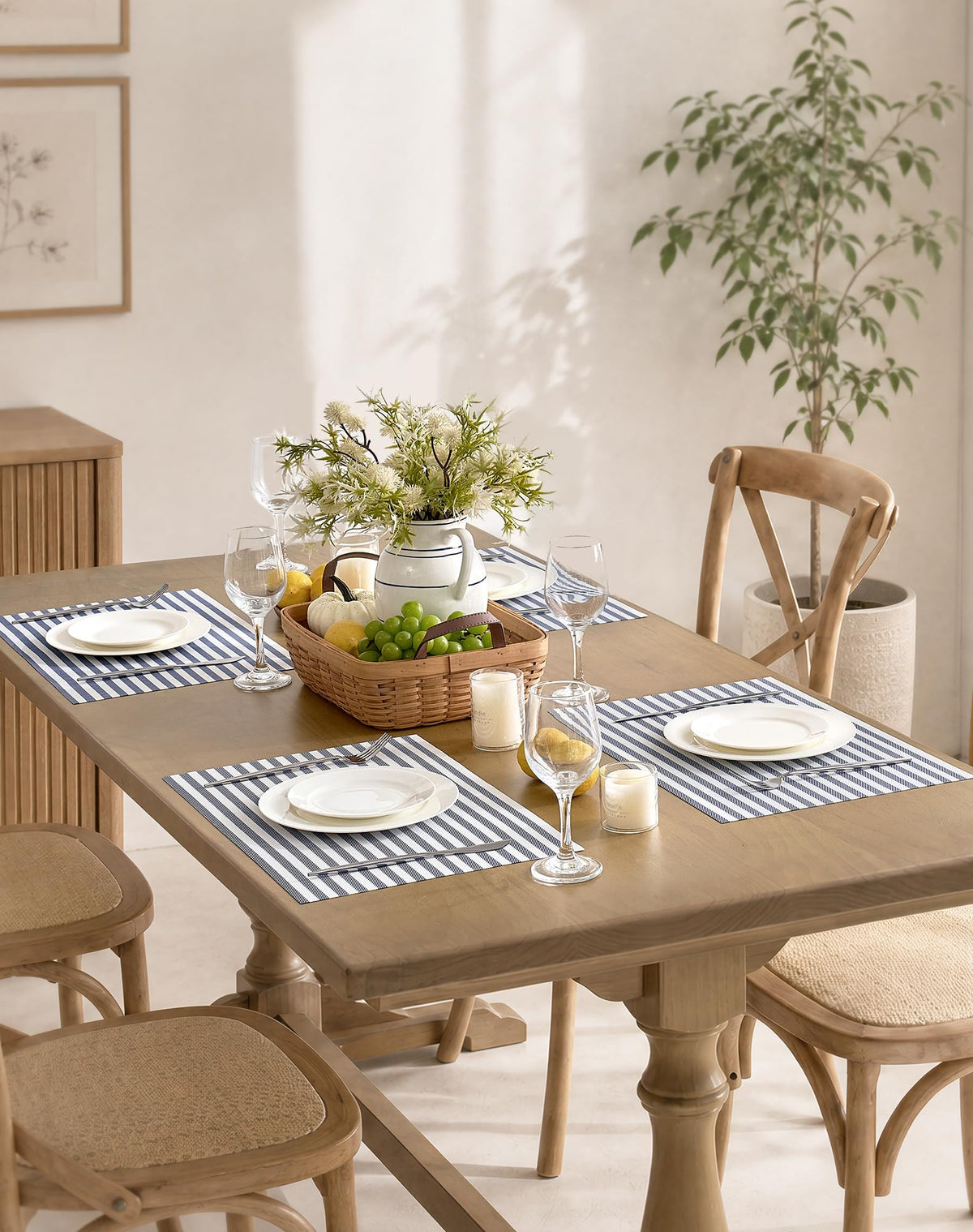 Blue White Striped Woven Vinyl Placemats Set of 12