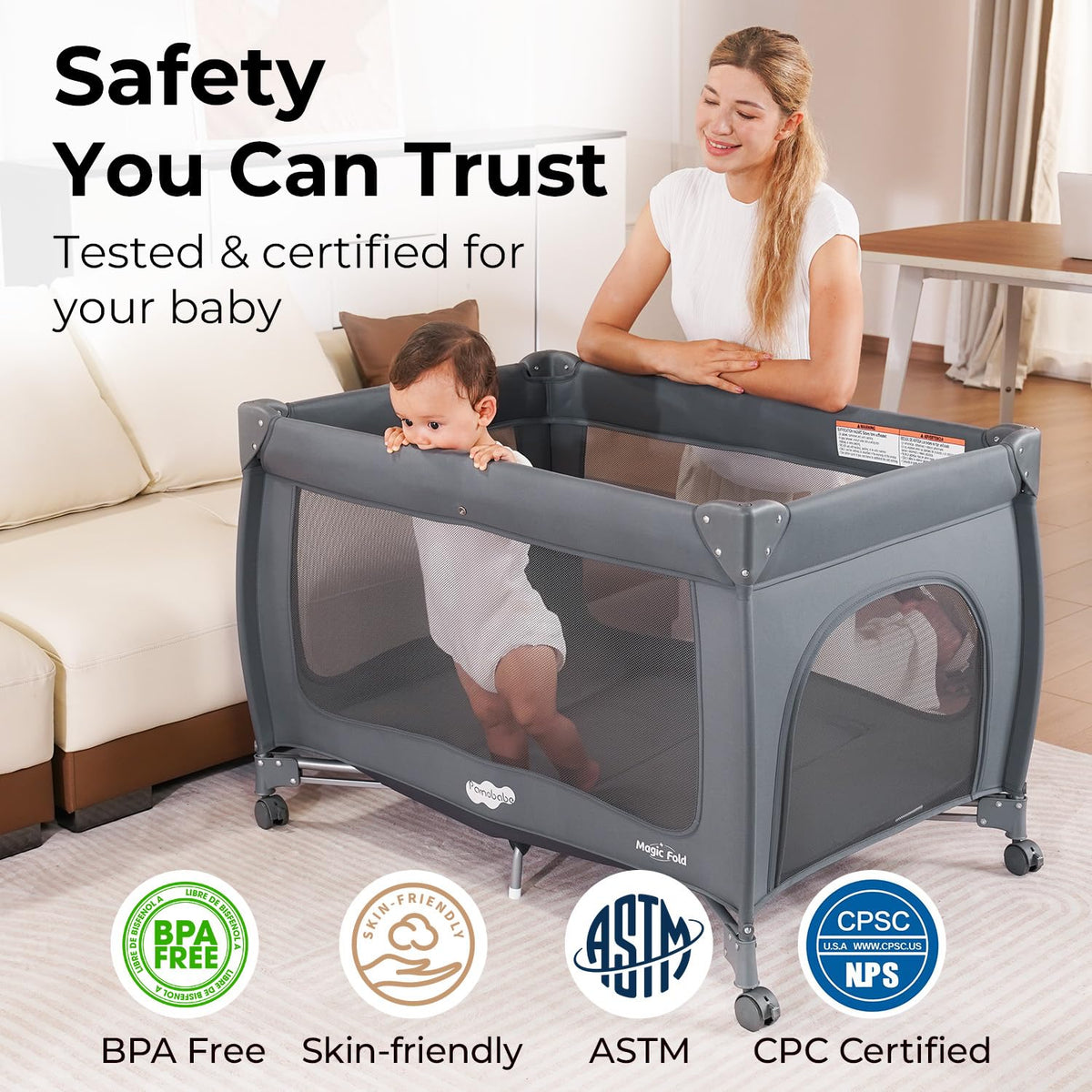 Play Yard with Bassinet, One-Step Setup Portable Baby Playpen
