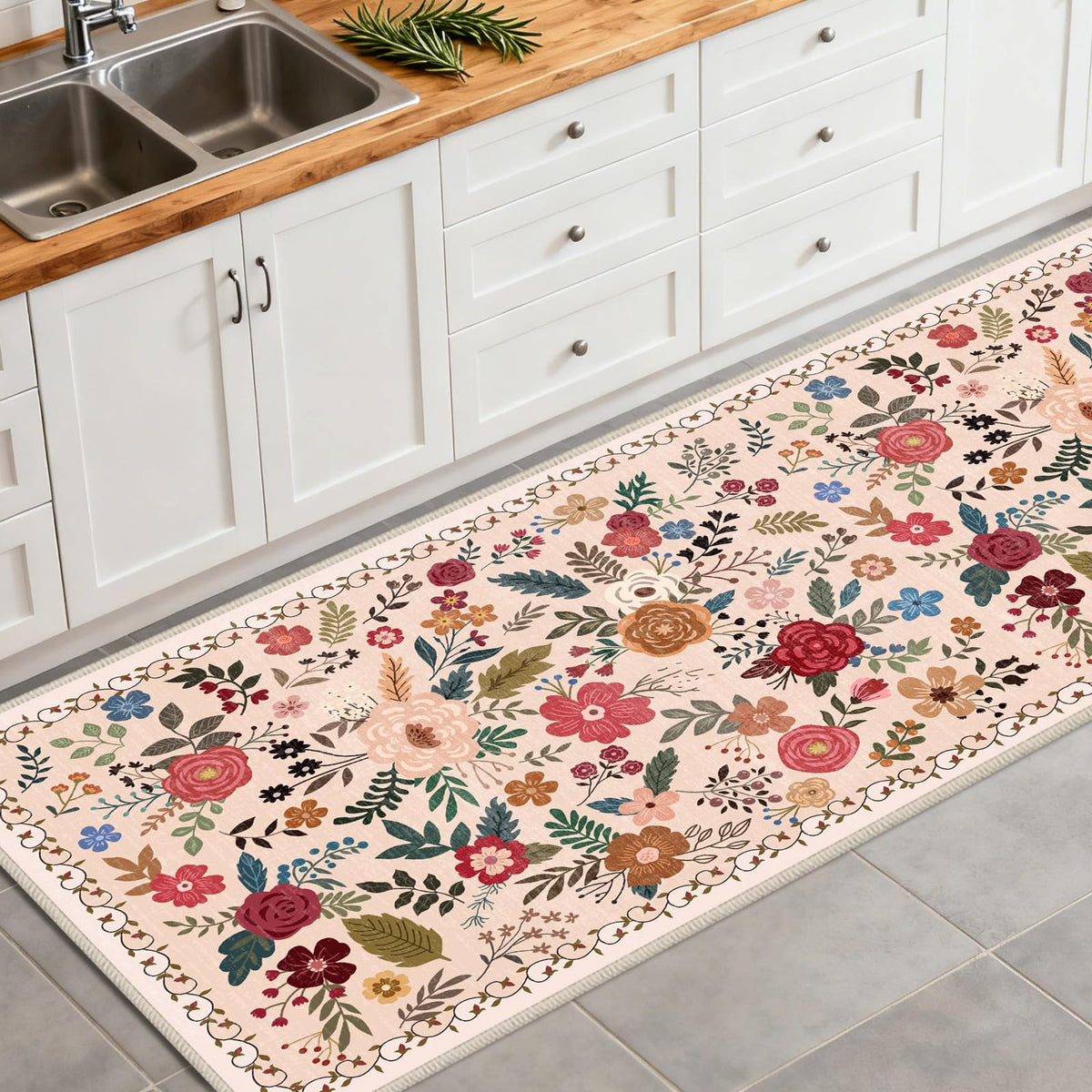 Washable Beige Red Runners s, Non Slip Long Floor Runner Indoor, Stain Resistant Rubber Backing Floral