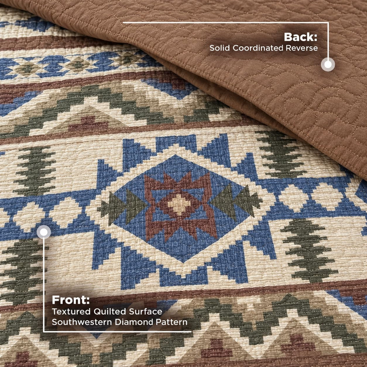 Rustic Western Southwestern Native American Tribal Navajo Design Oversized Bedspread Quilt Set in Beige Taupe Brown