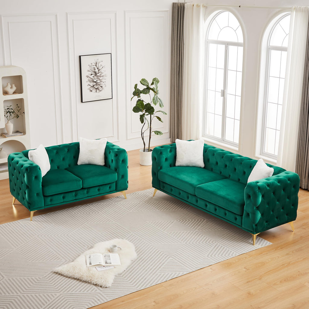 2-Piece Luxury Chesterfield Sofa Set with 1 3-Seater Sofa & 1 Loveseat Sofa, Mid-Century 5-Seater Tufted Button Couch
