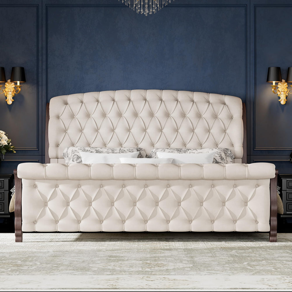 Sleigh Bed Frame, Upholstered Tufted Headboard, Cream
