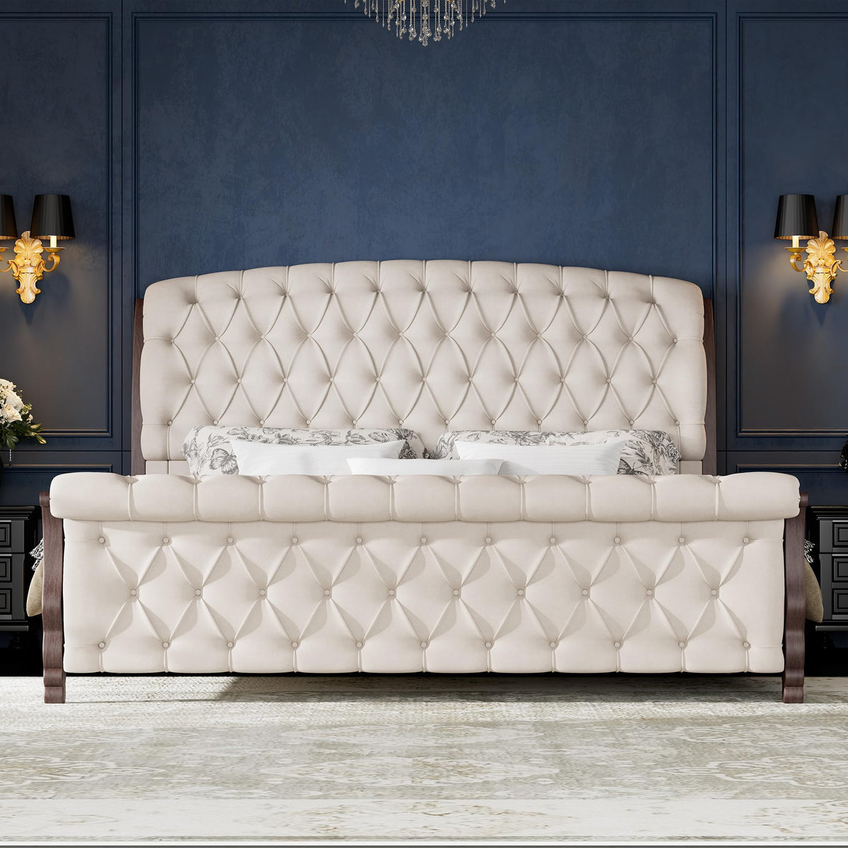 Sleigh Bed Frame, Upholstered Tufted Headboard, Cream