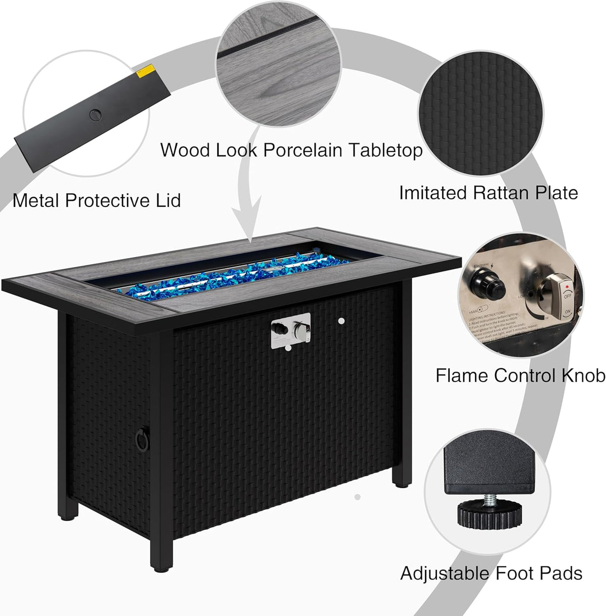 45in Fire Table, Propane Fire Pit with Glass Wind Guard and Rain Cover, Outdoor Firepit Table 50000 BTU 3-in-1 Fire Table for Patio/Yard/Balcony