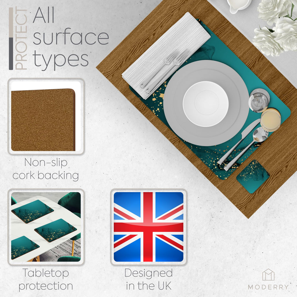 Set of 4 Heat Resistant Cork Placemats for Dining Table with Free Set of 4 Matching Drink Coasters Deep Green and