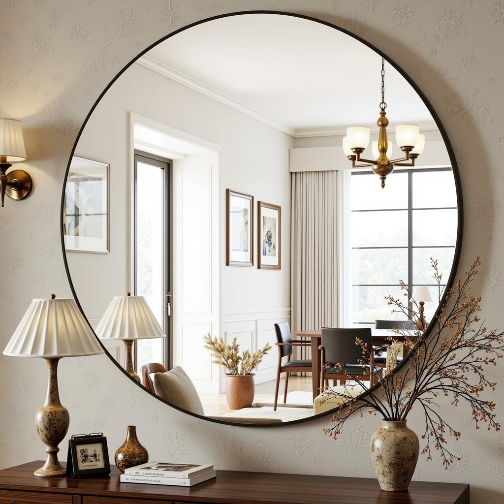 30 Inch Round Mirror for Wall, Round Bathroom Mirror, Circle Wall Mirrors with Black Metal Frame, Circle Mirrors