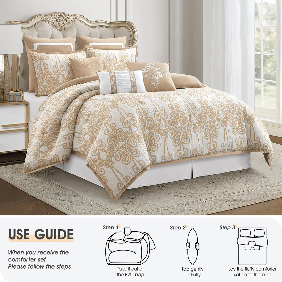 9 Piece Beige Gold Comforter Set, Luxury Jacquard Woven with Modern Scroll Design, Bed in a Bag for